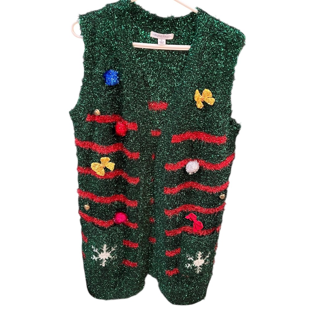 99 Jane Street Metallic Green & Red Striped Open Cardigan Ugly Christmas Size XL